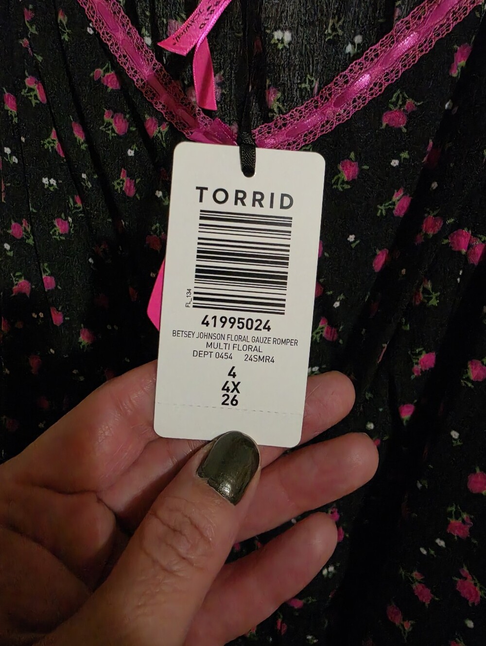 Betsey Johnson Black Romper with Hot Pink Floral Print - Picture 4 of 7